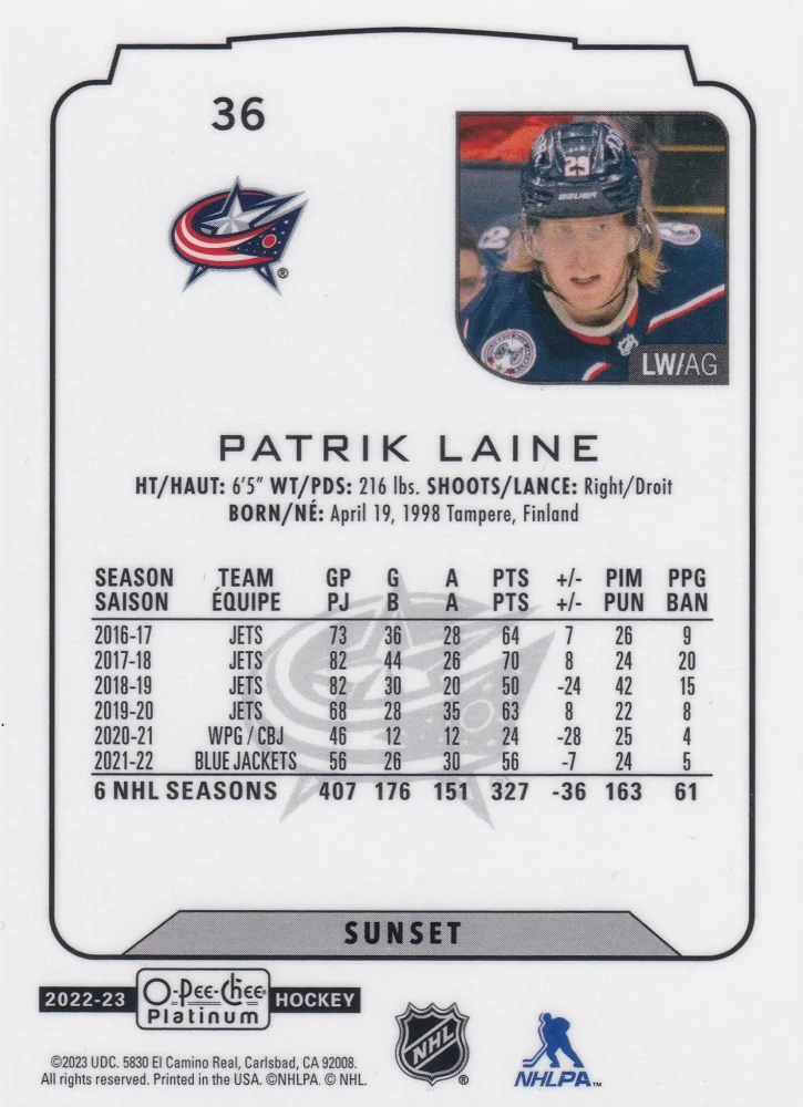 2022-23 UD O-Pee-Chee Platinum - Patrik Laine - Sunset #36