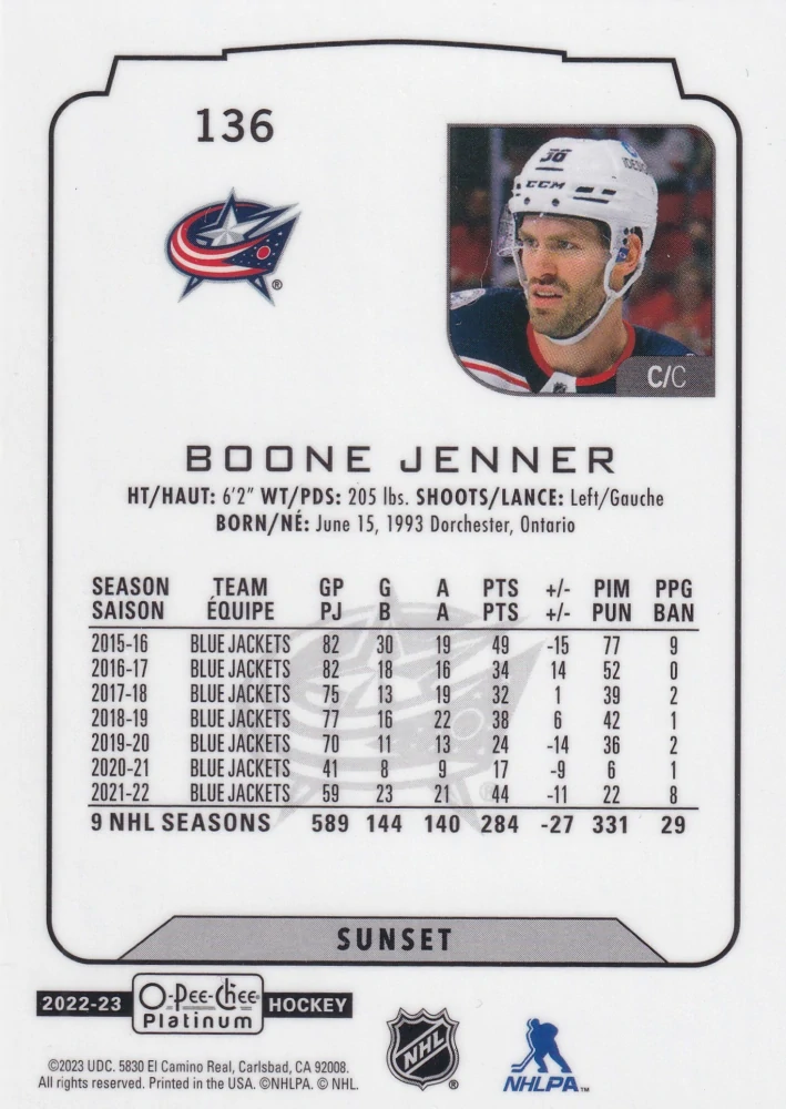 2022-23 UD O-Pee-Chee Platinum - Boone Jenner - Sunset #136