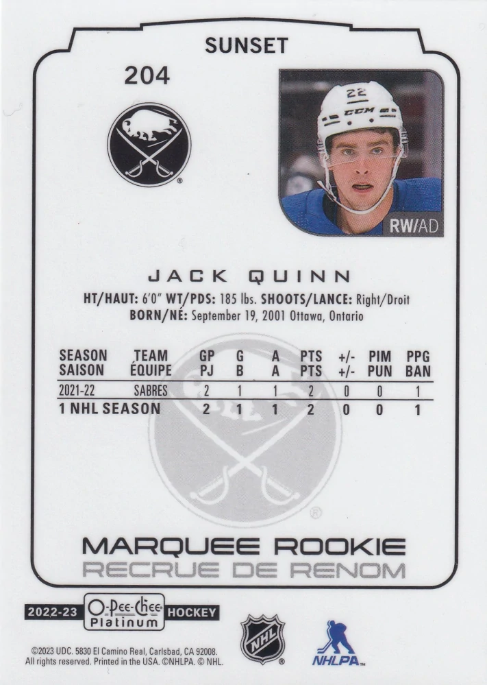 2022-23 UD O-Pee-Chee Platinum - Jack Quinn - Marquee Rookie Sunset #204
