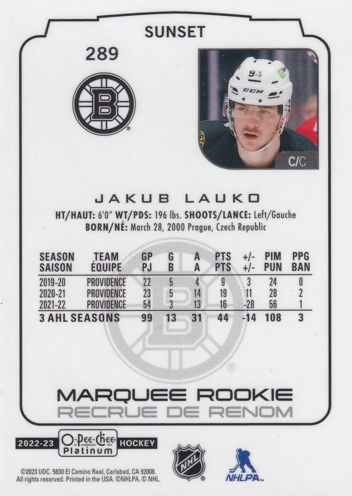 2022-23 UD O-Pee-Chee Platinum - Jakub Lauko - Marquee Rookie Sunset #289