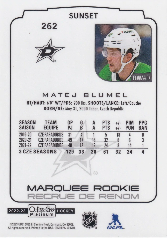 2022-23 UD O-Pee-Chee Platinum - Matěj Blumel - Marquee Rookie Sunset #262
