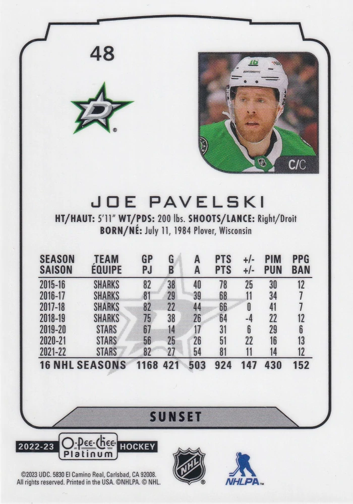 2022-23 UD O-Pee-Chee Platinum - Joe Pavelski - Sunset #48