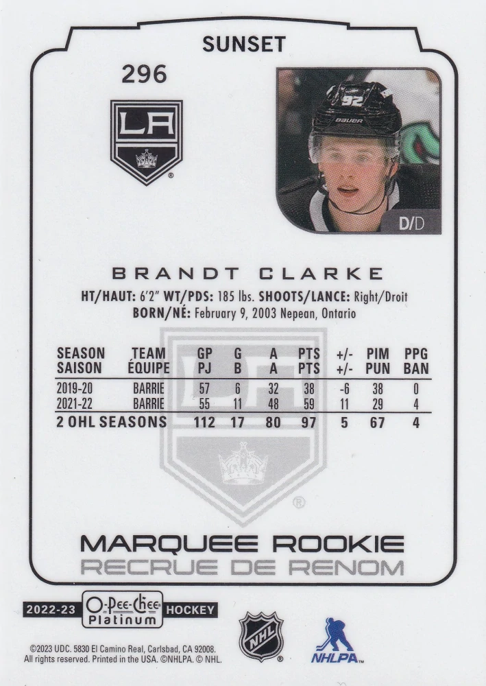 2022-23 UD O-Pee-Chee Platinum - Brandt Clarke - Marquee Rookie Sunset #296