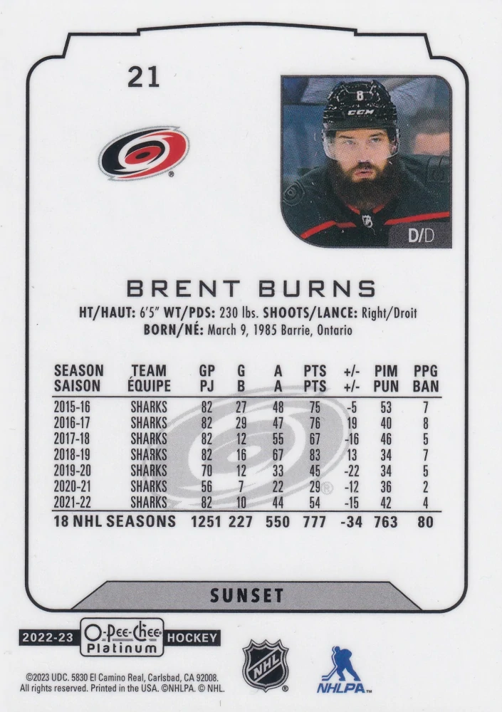 2022-23 UD O-Pee-Chee Platinum - Brent Burns - Sunset #21