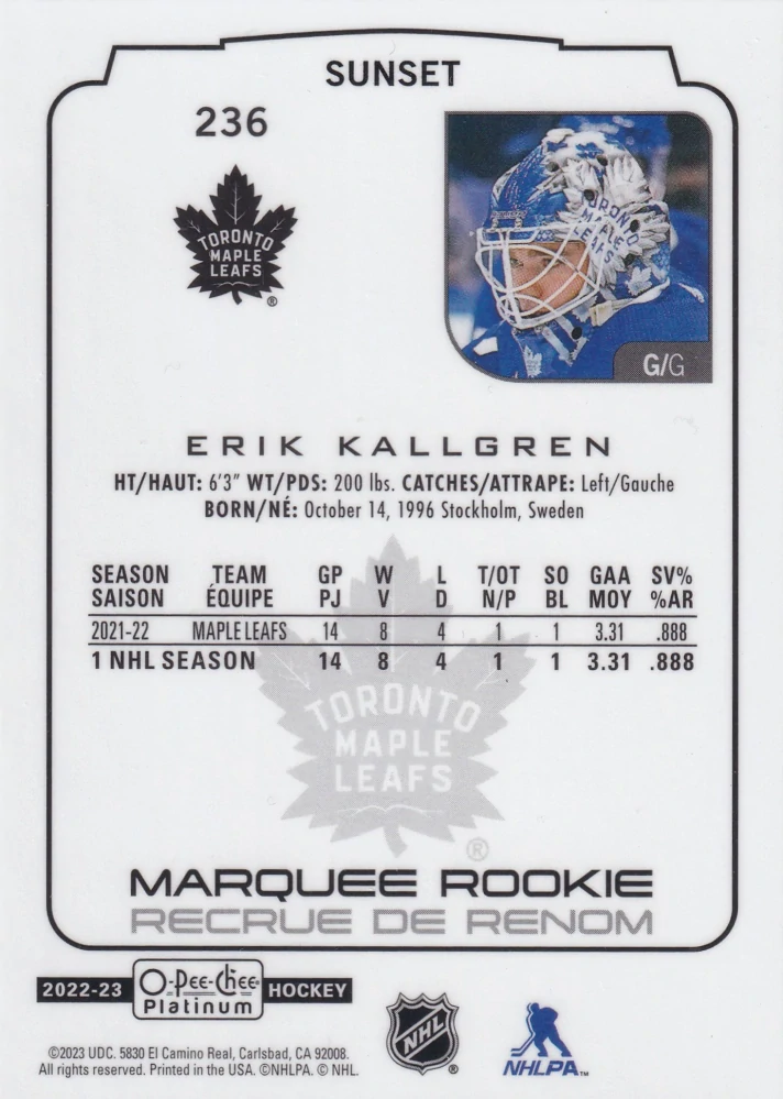 2022-23 UD O-Pee-Chee Platinum - Erik Kallgren - Marquee Rookie Sunset #236