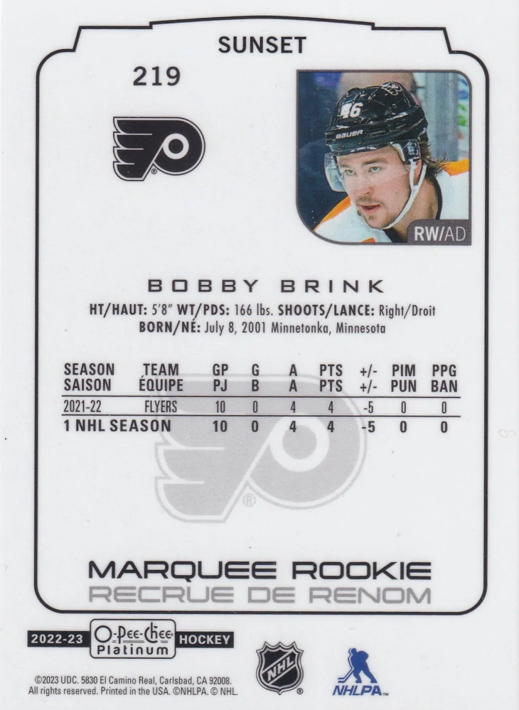 2022-23 UD O-Pee-Chee Platinum - Bobby Brink - Marquee Rookie Sunset #219