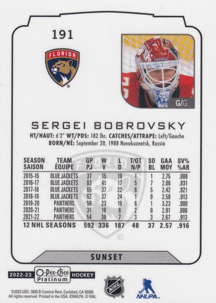 2022-23 UD O-Pee-Chee Platinum - Sergei Bobrovsky - Sunset #191