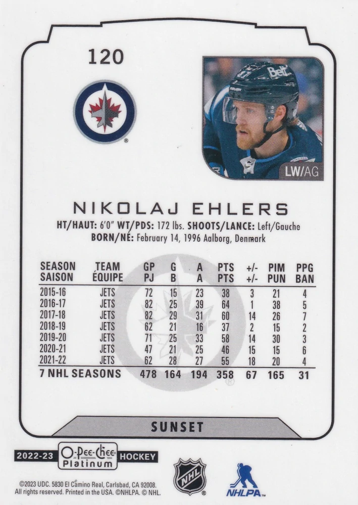 2022-23 UD O-Pee-Chee Platinum - Nikolaj Ehlers - Sunset #120