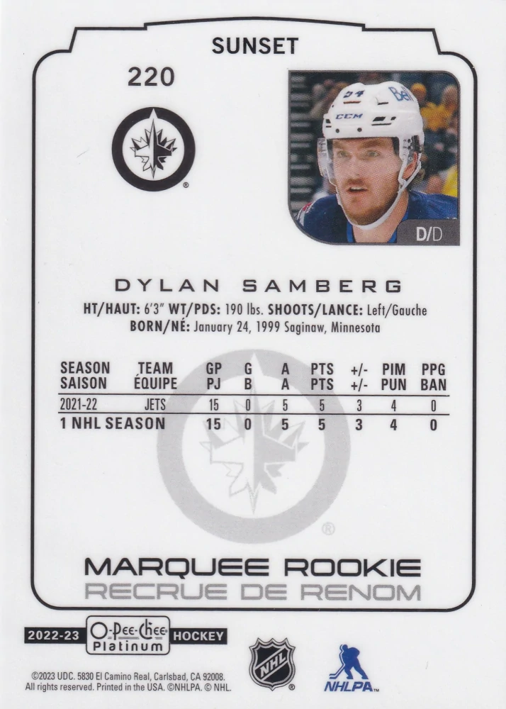 2022-23 UD O-Pee-Chee Platinum - Dylan Samberg - Marquee Rookie Sunset #220
