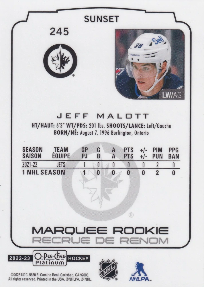 2022-23 UD O-Pee-Chee Platinum - Jeff Malott - Marquee Rookie Sunset #245