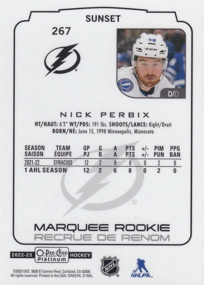 2022-23 UD O-Pee-Chee Platinum - Nick Perbix - Marquee Rookie Sunset #267