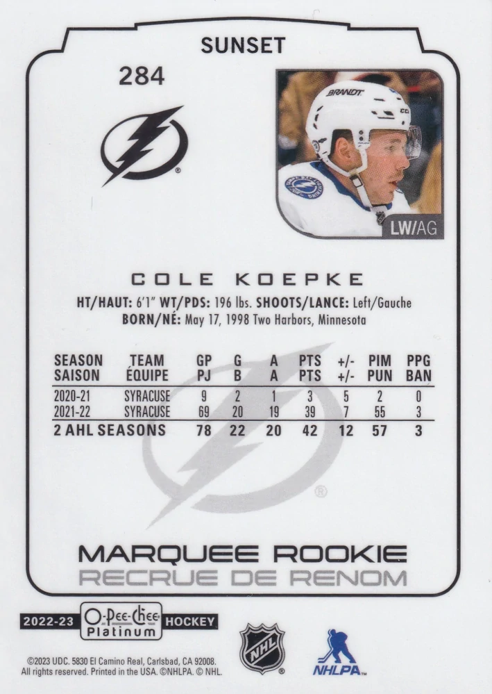 2022-23 UD O-Pee-Chee Platinum - Cole Koepke - Marquee Rookie Sunset #284
