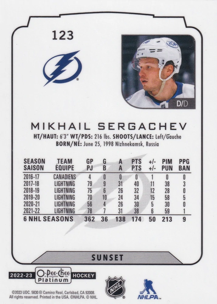 2022-23 UD O-Pee-Chee Platinum - Mikhail Sergachev - Sunset #123