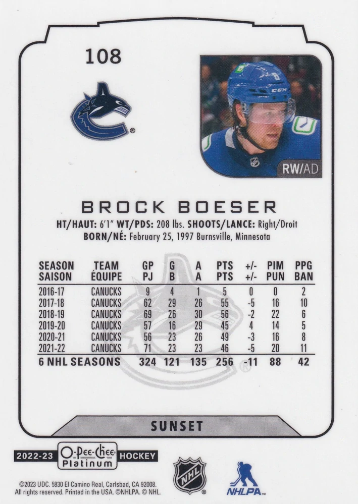 2022-23 UD O-Pee-Chee Platinum - Brock Boeser - Sunset #108