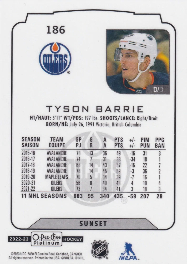 2022-23 UD O-Pee-Chee Platinum - Tyson Barrie - Sunset #186