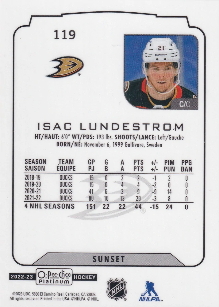 2022-23 UD O-Pee-Chee Platinum - Isac Lundestrom - Sunset #119