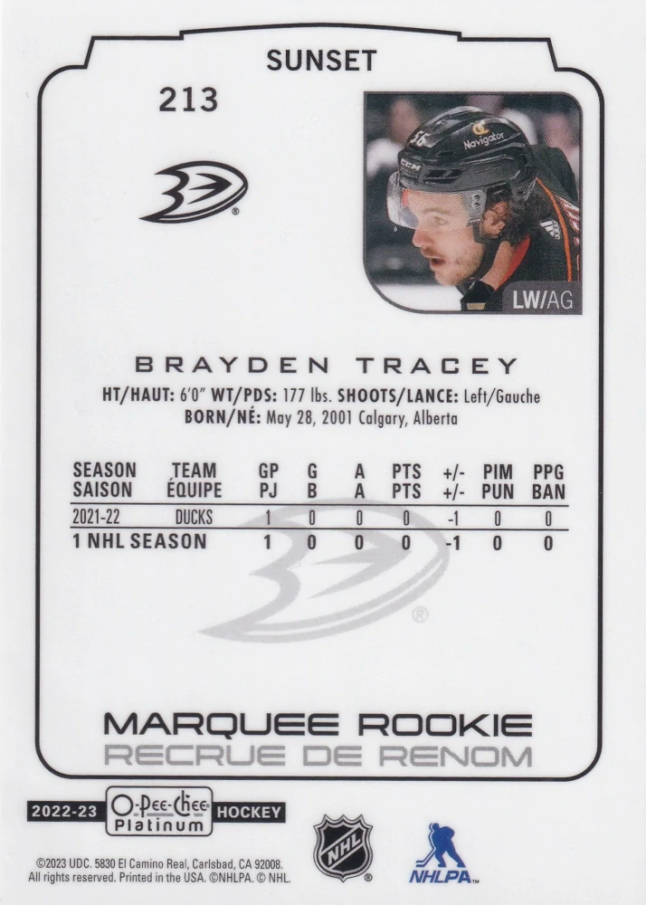 2022-23 UD O-Pee-Chee Platinum - Brayden Tracey - Marquee Rookie Sunset #213