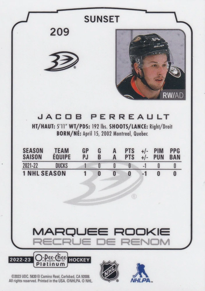 2022-23 UD O-Pee-Chee Platinum - Jacob Perreault - Marquee Rookie Sunset #209