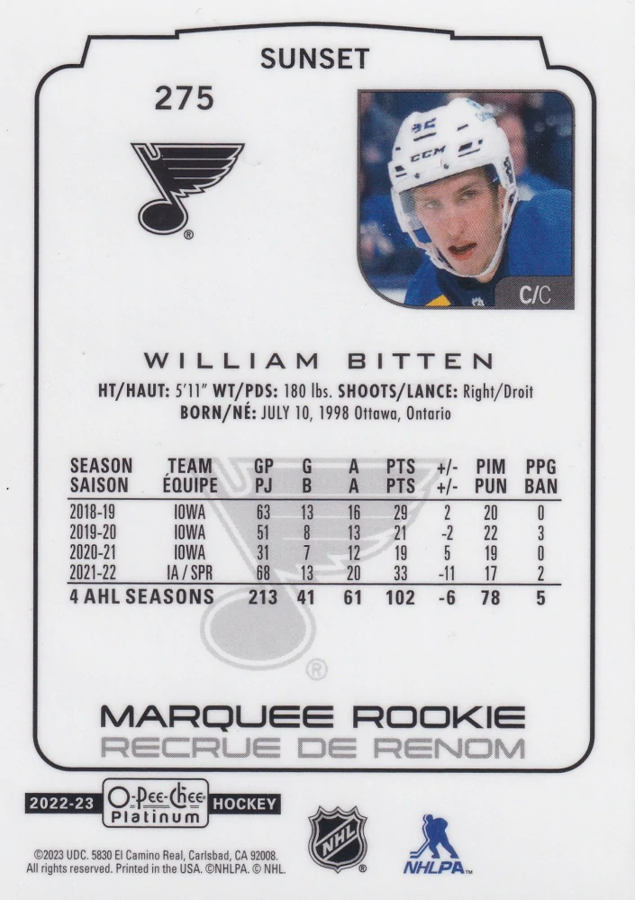 2022-23 UD O-Pee-Chee Platinum - William Bitten - Marquee Rookie Sunset #275