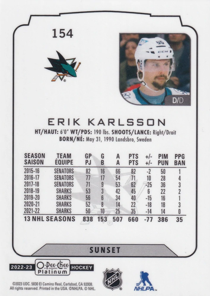 2022-23 UD O-Pee-Chee Platinum - Erik Karlsson - Sunset #154
