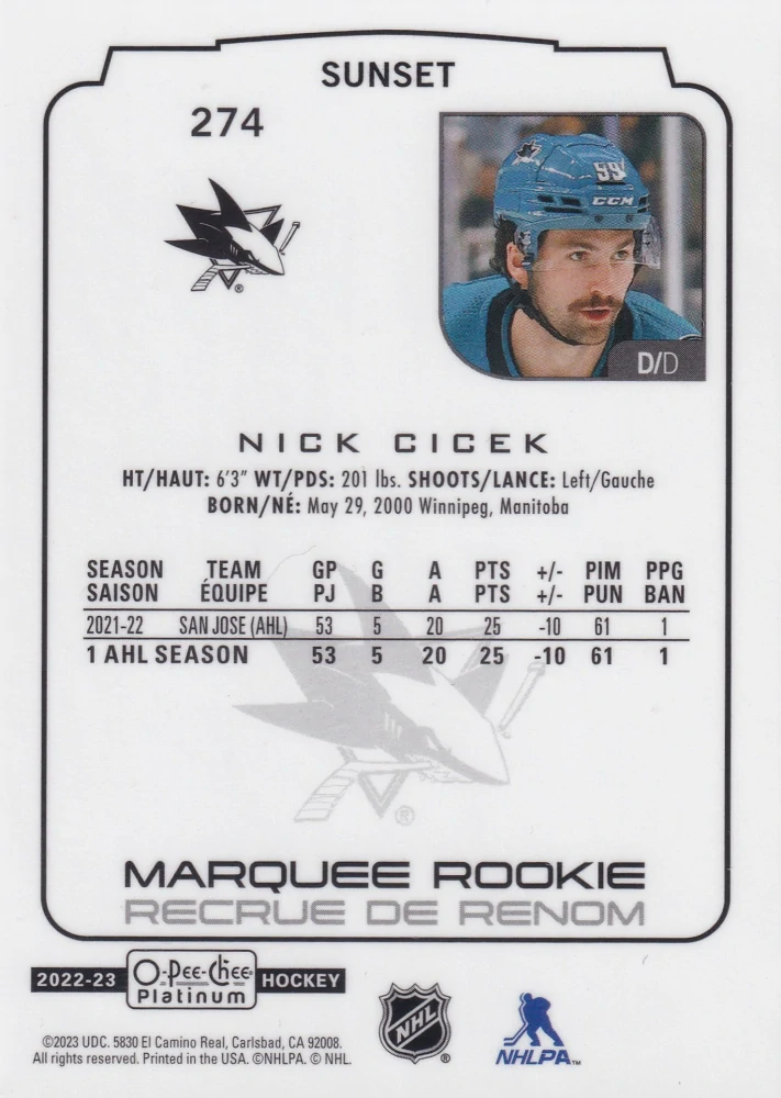 2022-23 UD O-Pee-Chee Platinum - Nick Cicek - Marquee Rookie Sunset #274