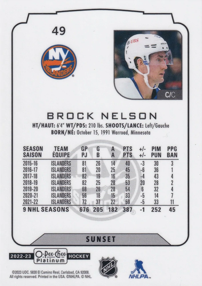 2022-23 UD O-Pee-Chee Platinum - Brock Nelson - Sunset #49