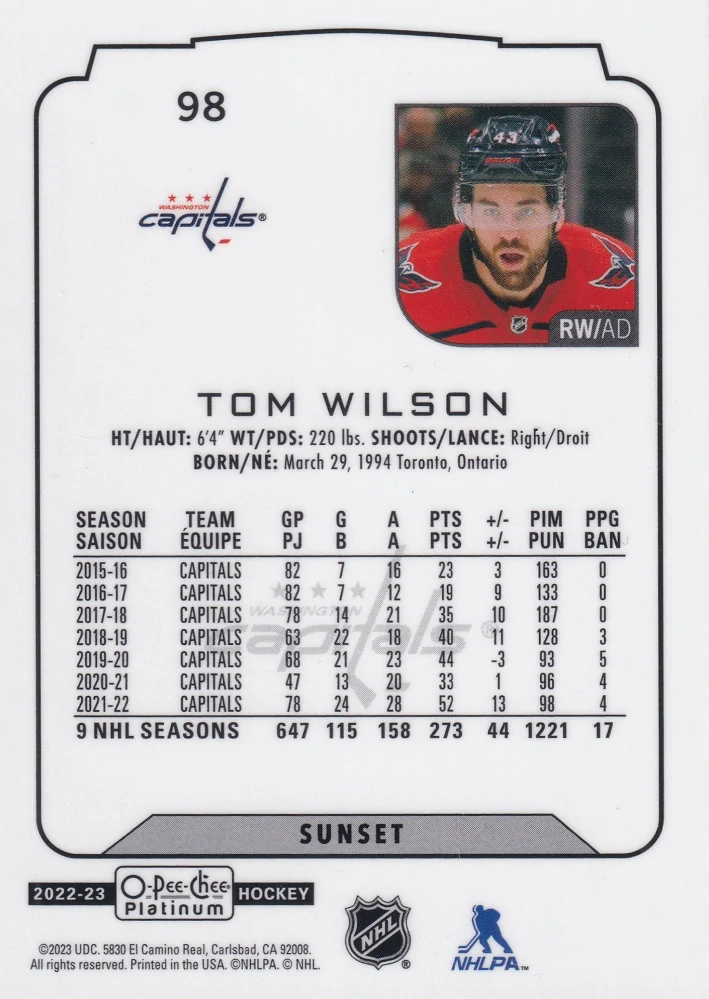 2022-23 UD O-Pee-Chee Platinum - Tom Wilson - Sunset #98