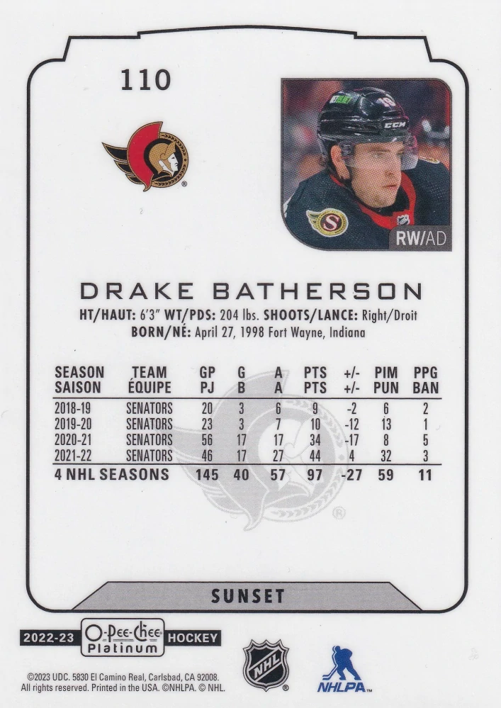 2022-23 UD O-Pee-Chee Platinum - Drake Batherson - Sunset #110
