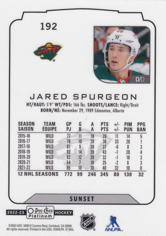 2022-23 UD O-Pee-Chee Platinum - Jared Spurgeon - Sunset #192