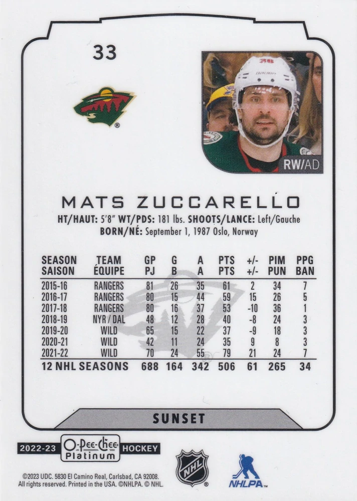 2022-23 UD O-Pee-Chee Platinum - Mats Zuccarello - Sunset #33