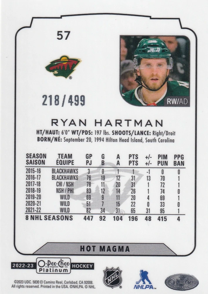 2022-23 UD O-Pee-Chee Platinum - Ryan Hartman - Hot Magma /499 #57