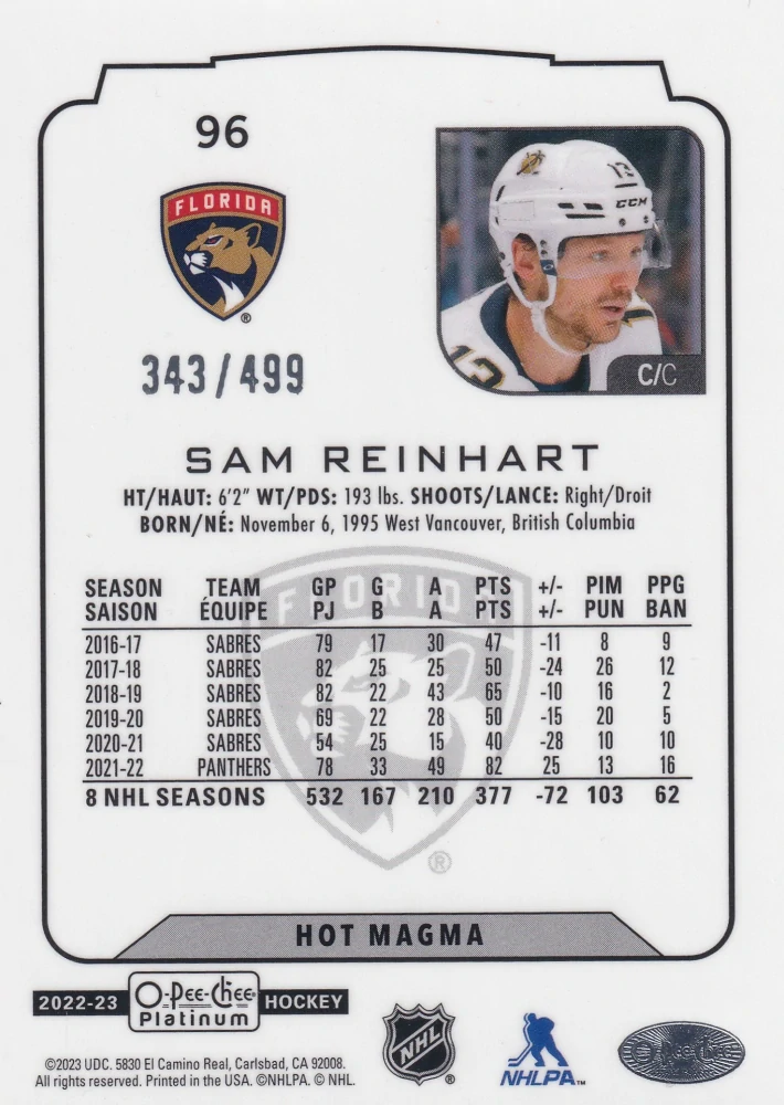 2022-23 UD O-Pee-Chee Platinum - Sam Reinhart - Hot Magma /499 #96