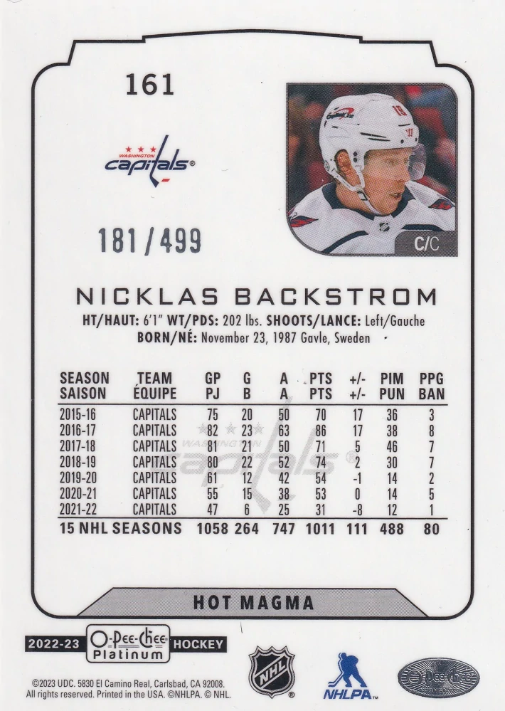 2022-23 UD O-Pee-Chee Platinum - Nicklas Backstrom - Hot Magma /499 #161