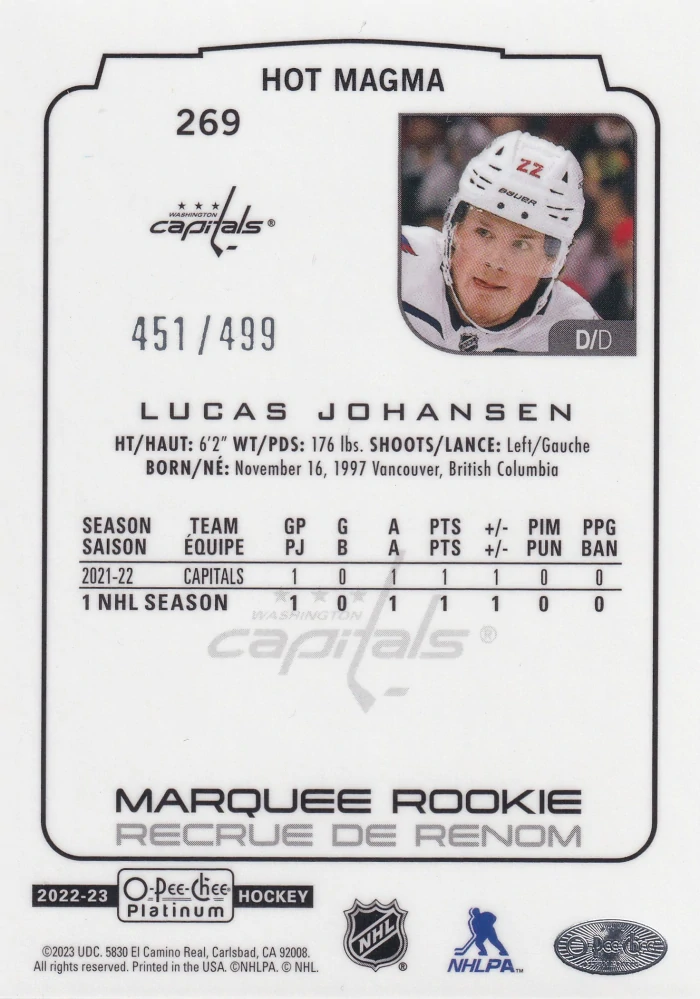 2022-23 UD O-Pee-Chee Platinum - Lucas Johansen - Marquee Rookie Hot Magma /499 #269