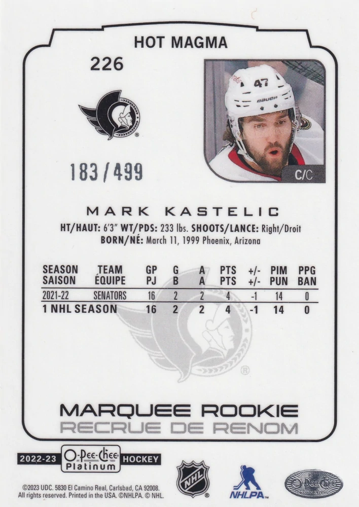 2022-23 UD O-Pee-Chee Platinum - Mark Kastelic - Marquee Rookie Hot Magma /499 #226