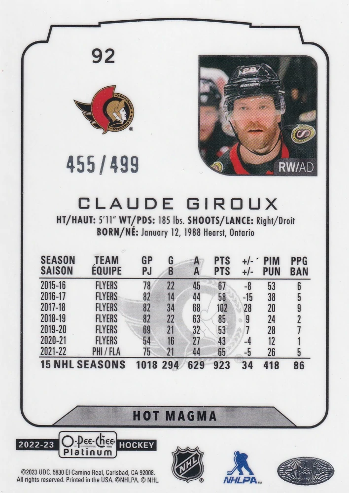 2022-23 UD O-Pee-Chee Platinum - Claude Giroux - Hot Magma /499 #92