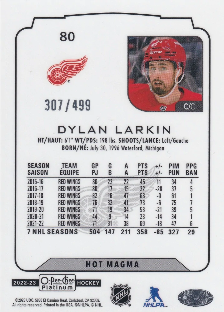 2022-23 UD O-Pee-Chee Platinum - Dylan Larkin - Hot Magma /499 #80