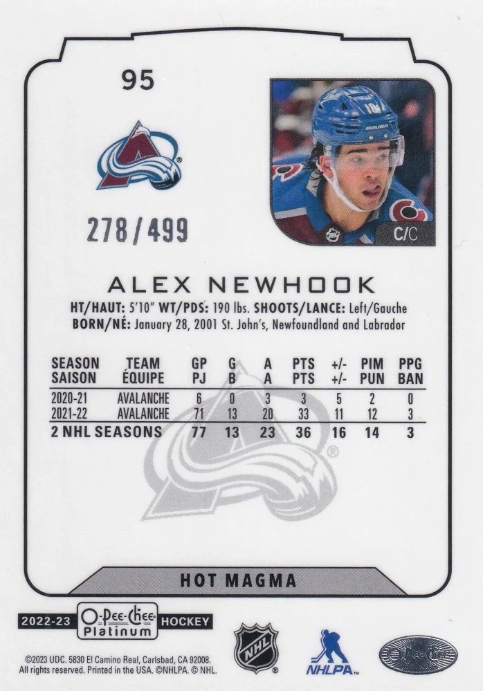 2022-23 UD O-Pee-Chee Platinum - Alex Newhook - Hot Magma /499 #95