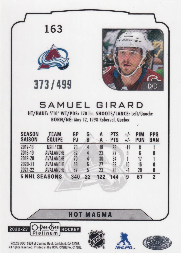 2022-23 UD O-Pee-Chee Platinum - Samuel Girard - Hot Magma /499 #163