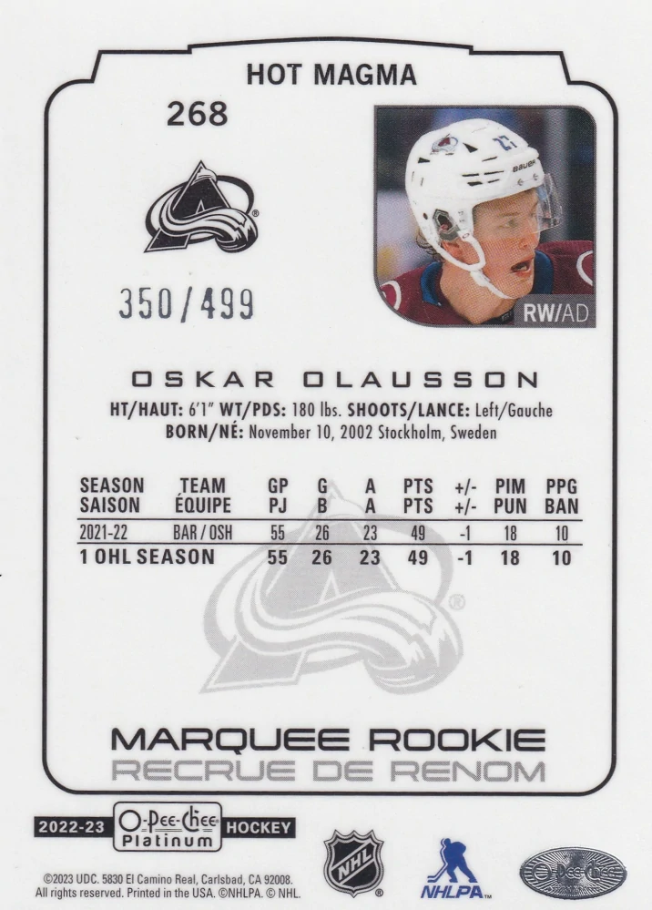 2022-23 UD O-Pee-Chee Platinum - Oskar Olausson - Marquee Rookie Hot Magma /499 #268