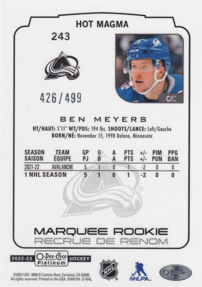 2022-23 UD O-Pee-Chee Platinum - Ben Meyers - Marquee Rookie Hot Magma /499 #243