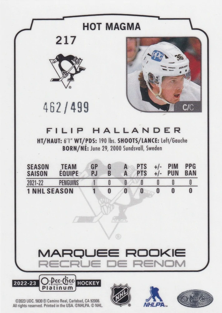 2022-23 UD O-Pee-Chee Platinum - Filip Hallander - Marquee Rookie Hot Magma /499 #217