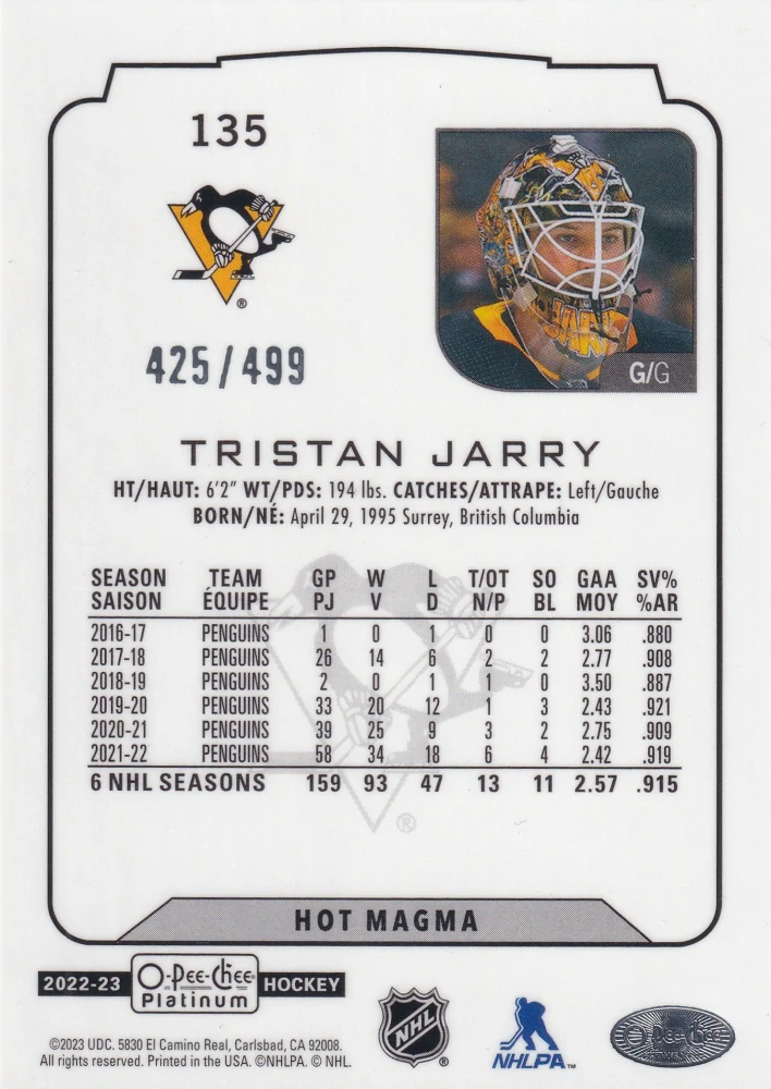 2022-23 UD O-Pee-Chee Platinum - Tristan Jarry - Hot Magma /499 #135