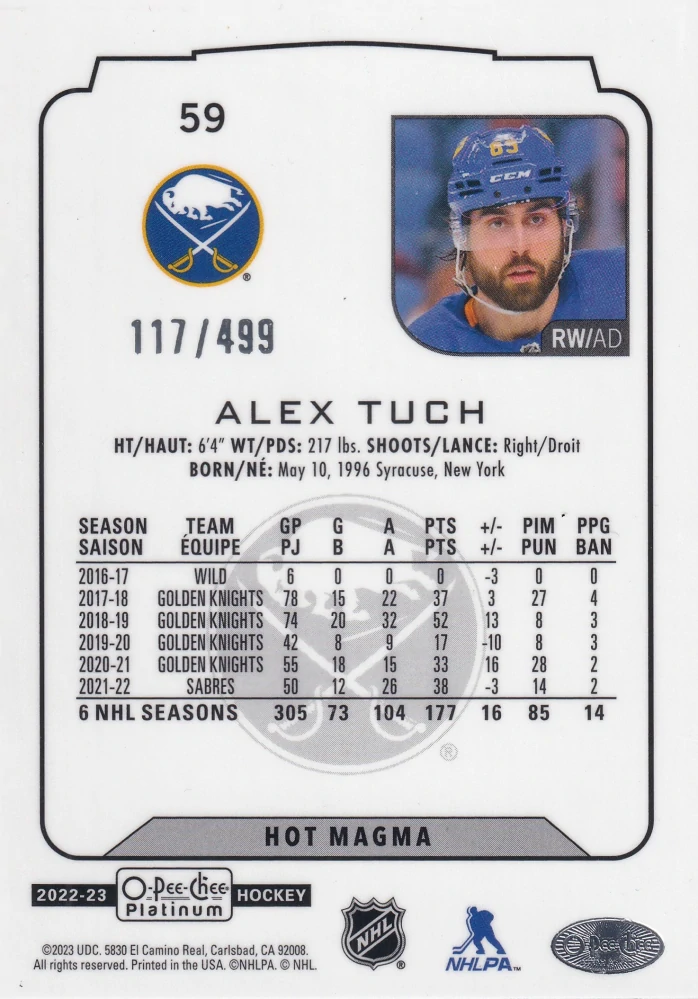 2022-23 UD O-Pee-Chee Platinum - Alex Tuch - Hot Magma /499 #59