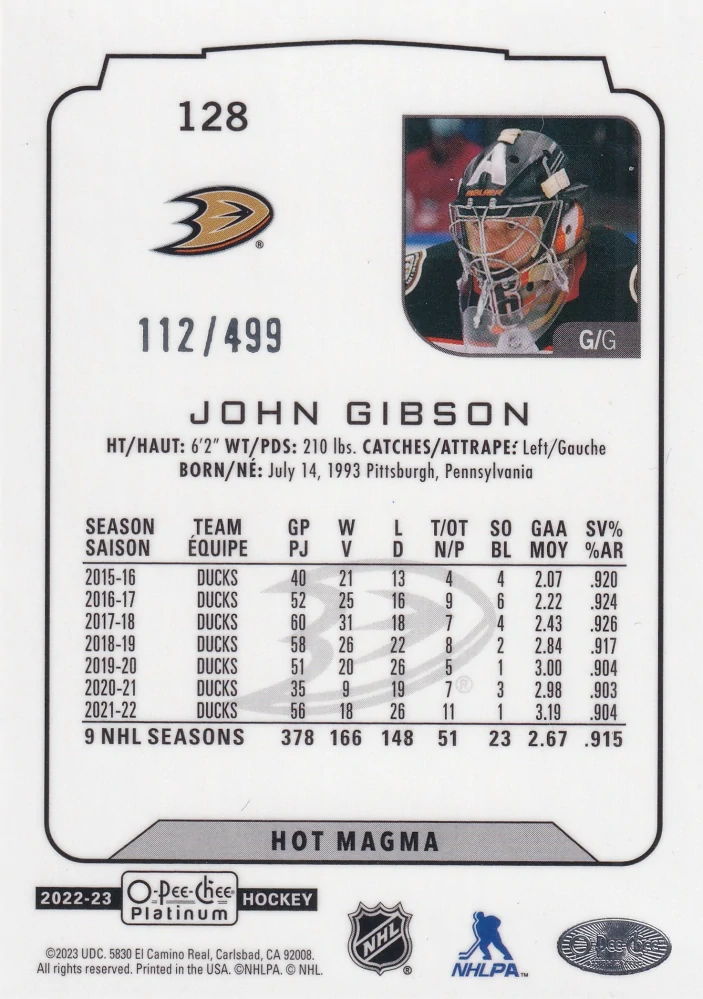 2022-23 UD O-Pee-Chee Platinum - John Gibson - Hot Magma /499 #128