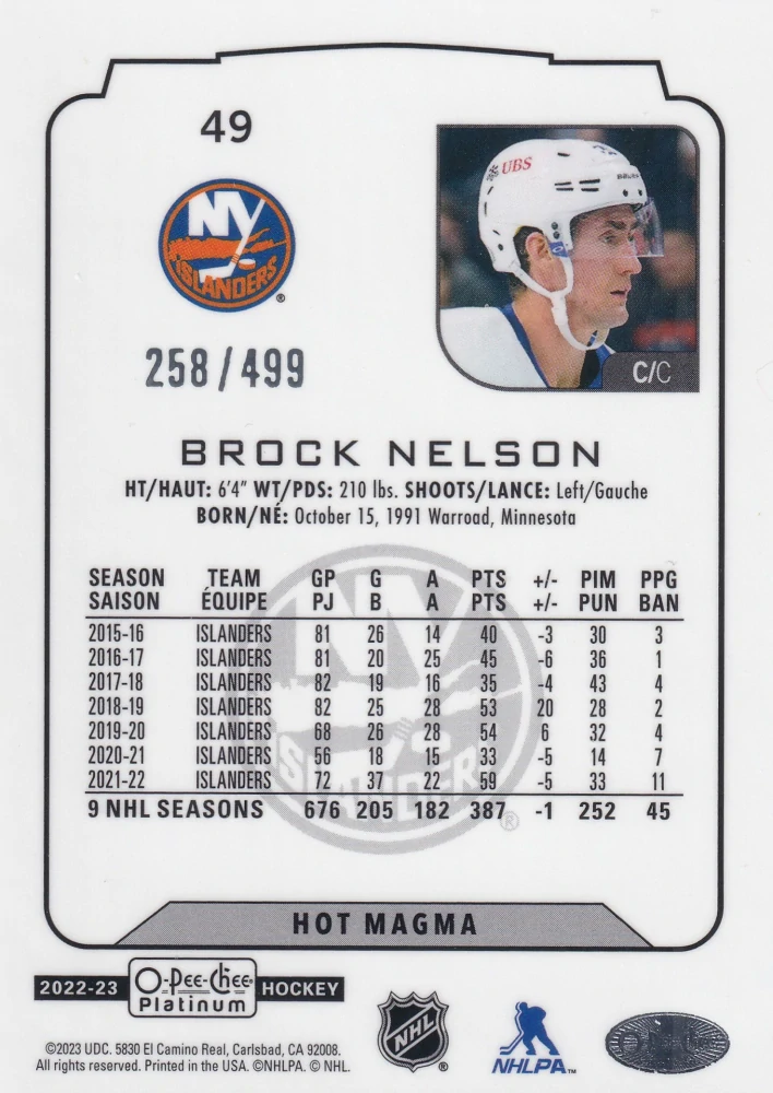 2022-23 UD O-Pee-Chee Platinum - Brock Nelson - Hot Magma /499 #49