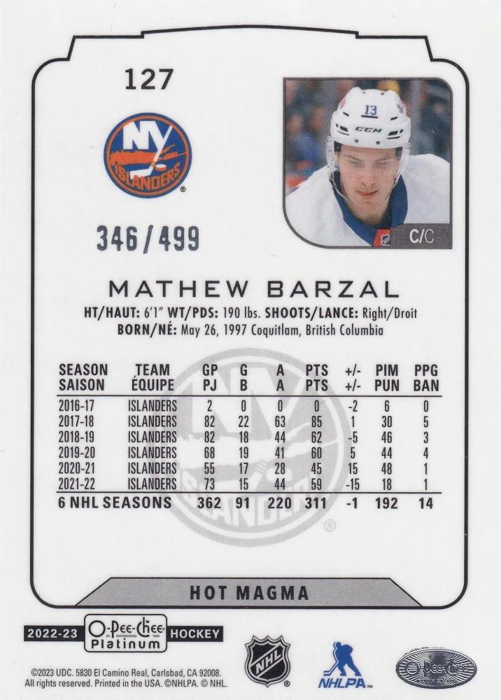 2022-23 UD O-Pee-Chee Platinum - Mathew Barzal - Hot Magma /499 #127