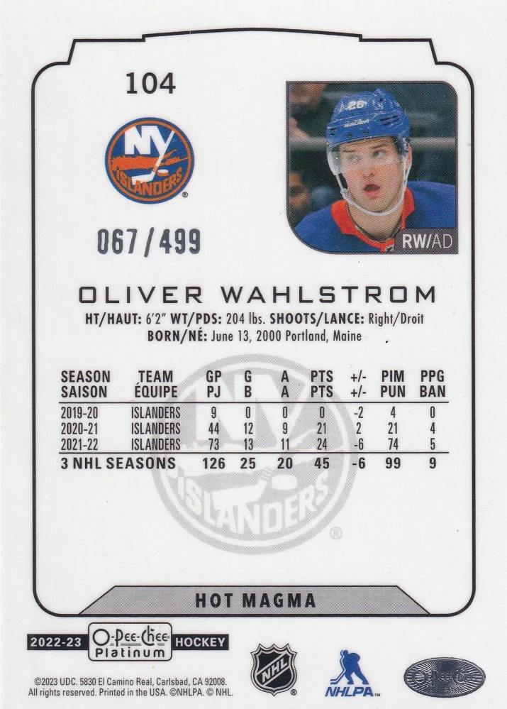 2022-23 UD O-Pee-Chee Platinum - Oliver Wahlstrom - Hot Magma /499 #104