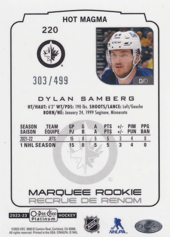 2022-23 UD O-Pee-Chee Platinum - Dylan Samberg - Marquee Rookie Hot Magma /499 #220