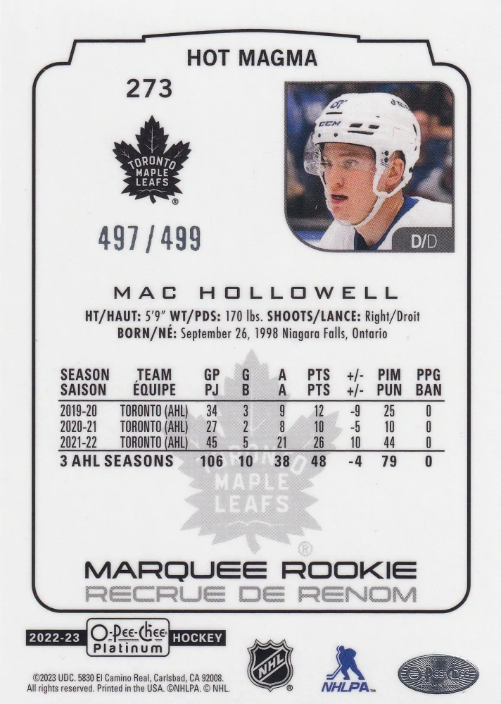 2022-23 UD O-Pee-Chee Platinum - Mac Hollowell - Marquee Rookie Hot Magma /499 #273